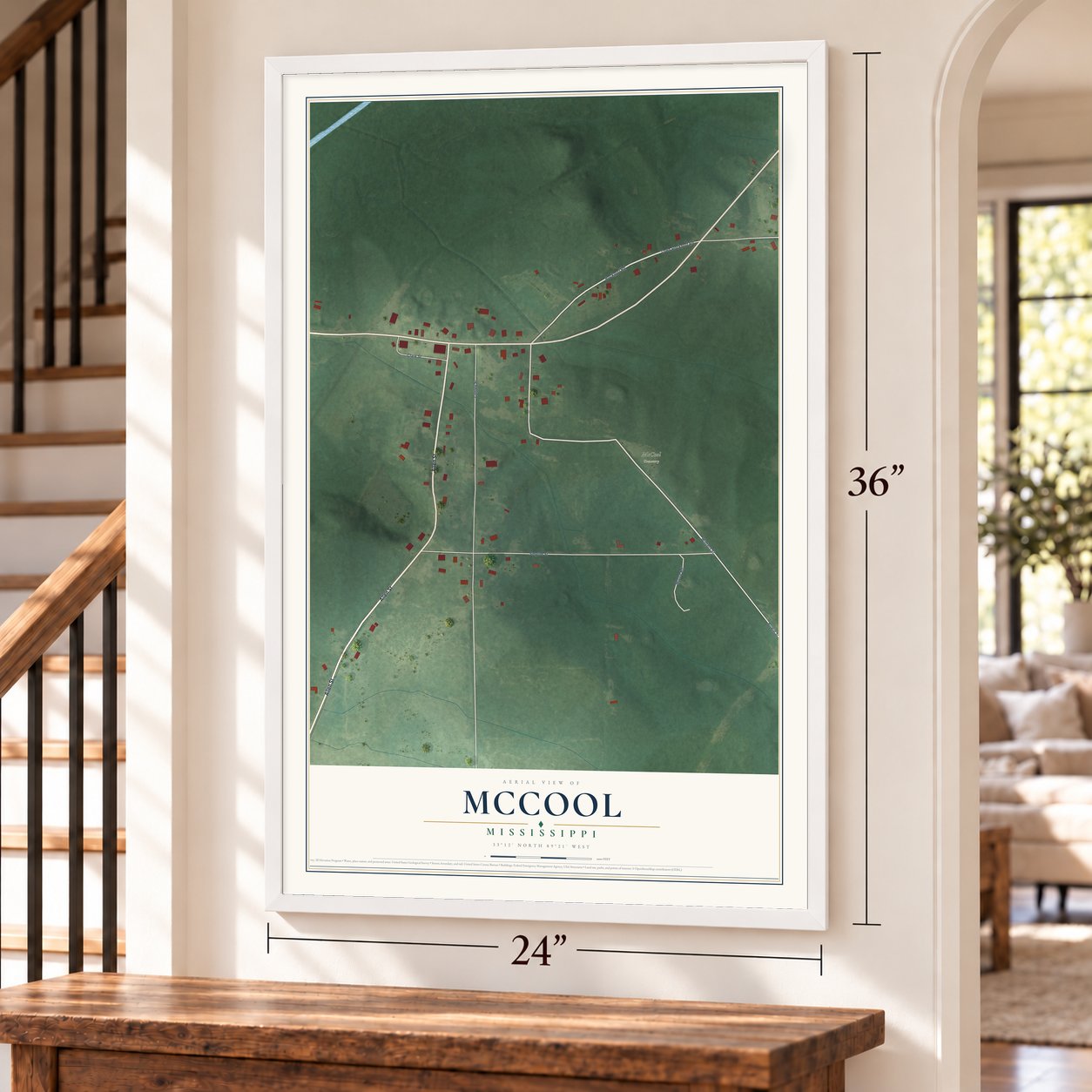 McCool, Mississippi map, 24 x 36 inch print in a white frame by a staircase
