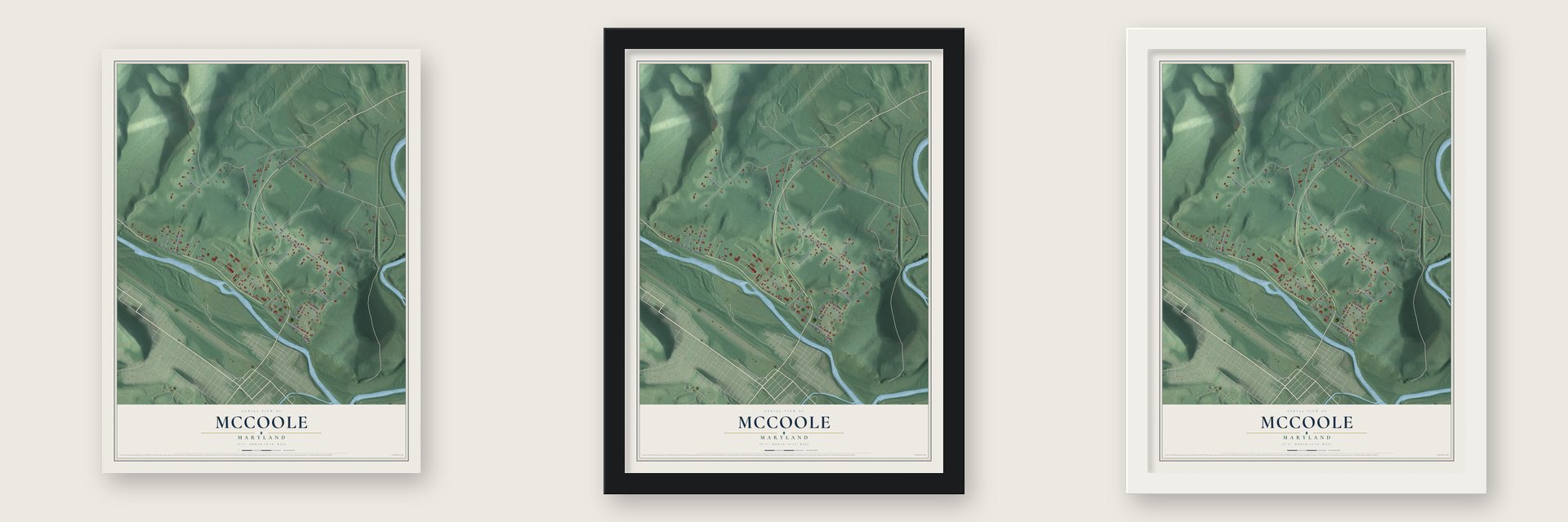 McCoole, Maryland map unframed, in a black wood frame and in a white wood frame