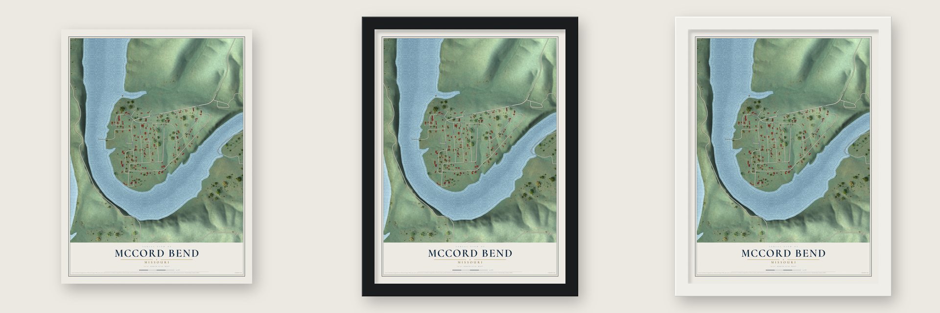 McCord Bend, Missouri map unframed, in a black wood frame and in a white wood frame