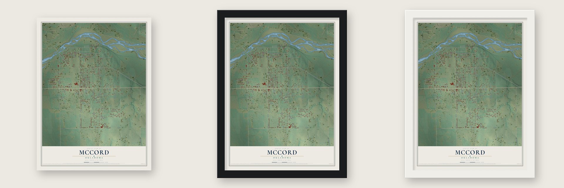 McCord, Oklahoma map unframed, in a black wood frame and in a white wood frame