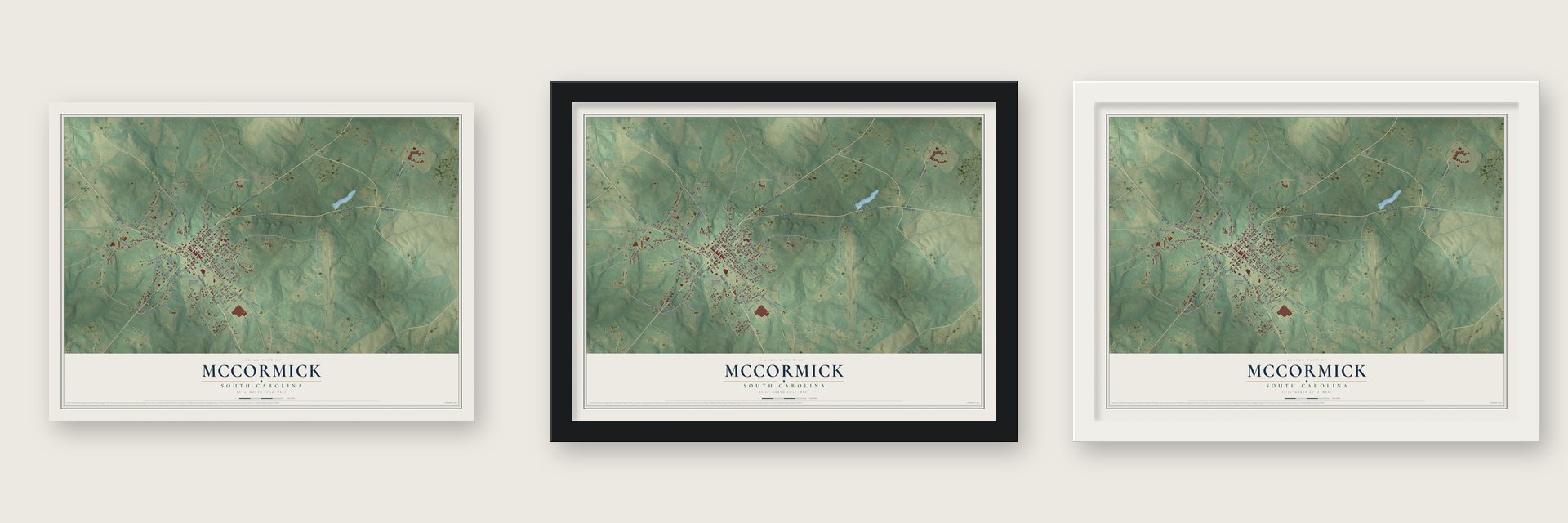 McCormick, South Carolina map unframed, in a black wood frame and in a white wood frame