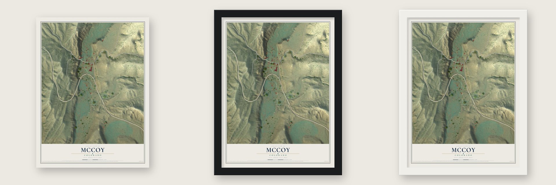 McCoy, Colorado map unframed, in a black wood frame and in a white wood frame
