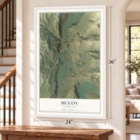 McCoy, Colorado map, 24 x 36 inch print in a white frame by a staircase