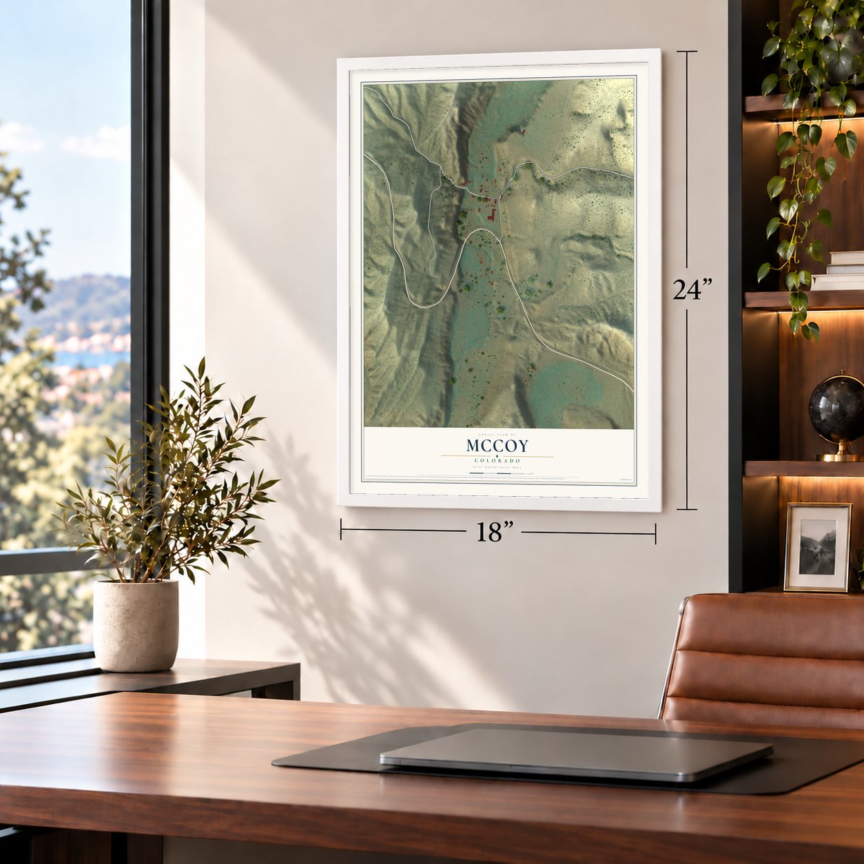McCoy, Colorado map, 18 x 24 inch print in a white frame in a home office