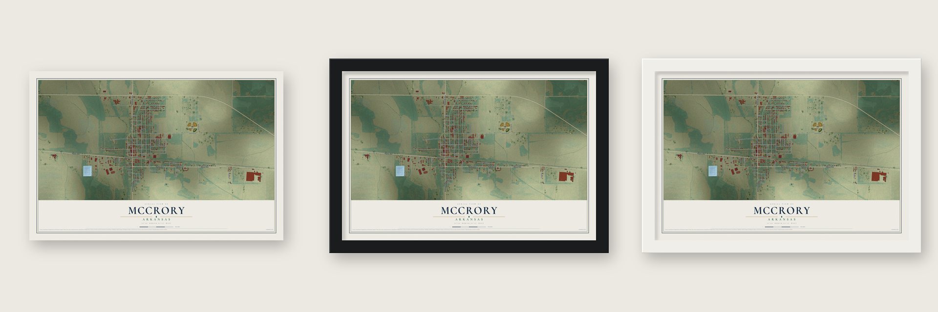 McCrory, Arkansas map unframed, in a black wood frame and in a white wood frame