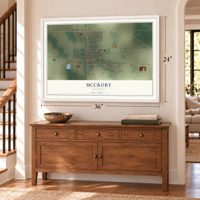 McCrory, Arkansas map, 24 x 36 inch print in a white frame above a dresser by a staircase