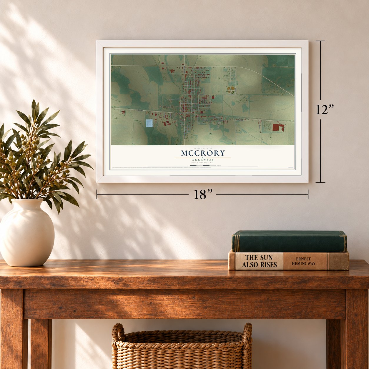 McCrory, Arkansas map, 12 x 18 inch print in a white frame in an entryway
