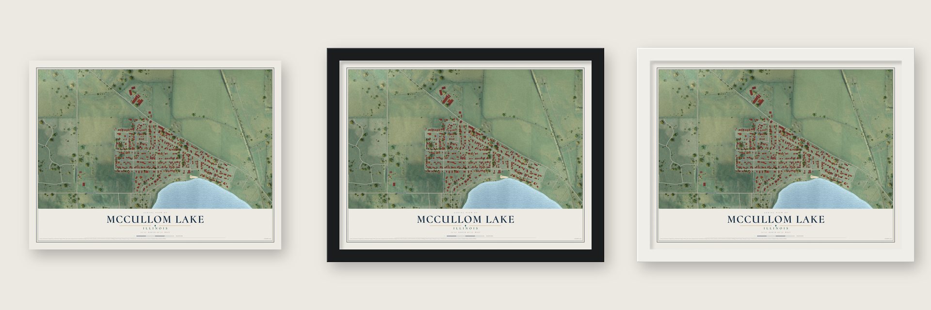 McCullom Lake, Illinois map unframed, in a black wood frame and in a white wood frame