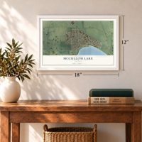 McCullom Lake, Illinois map, 12 x 18 inch print in a white frame in an entryway