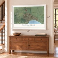 McCullom Lake, Illinois map, 24 x 36 inch print in a white frame above a dresser by a staircase