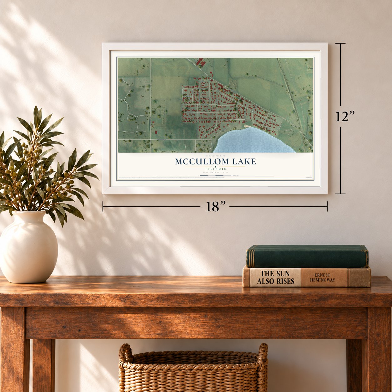 McCullom Lake, Illinois map, 12 x 18 inch print in a white frame in an entryway