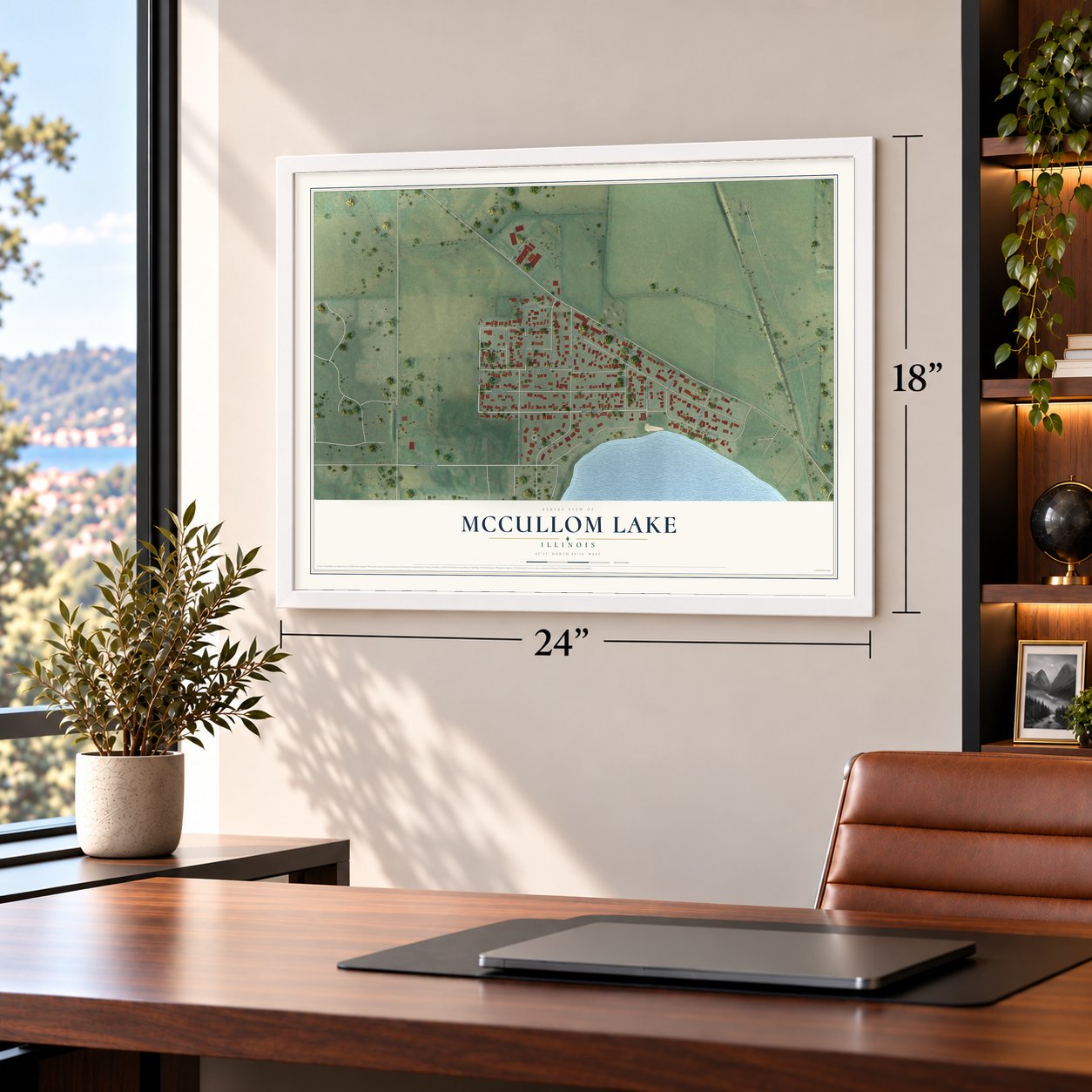 McCullom Lake, Illinois map, 18 x 24 inch print in a white frame in a home office