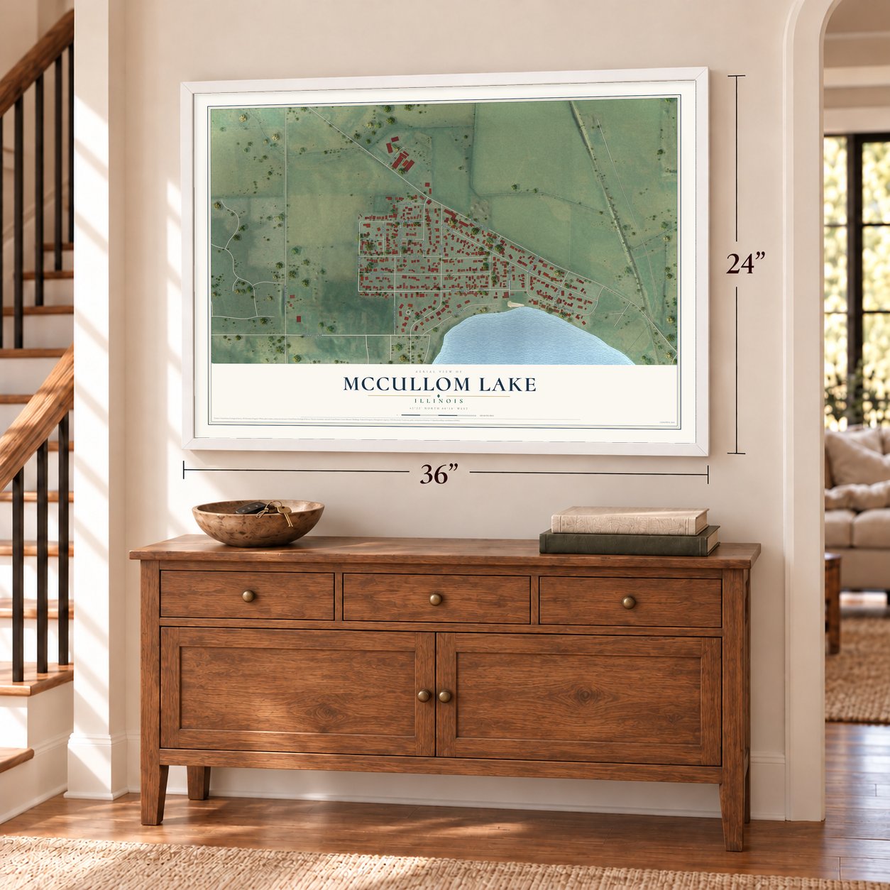 McCullom Lake, Illinois map, 24 x 36 inch print in a white frame above a dresser by a staircase