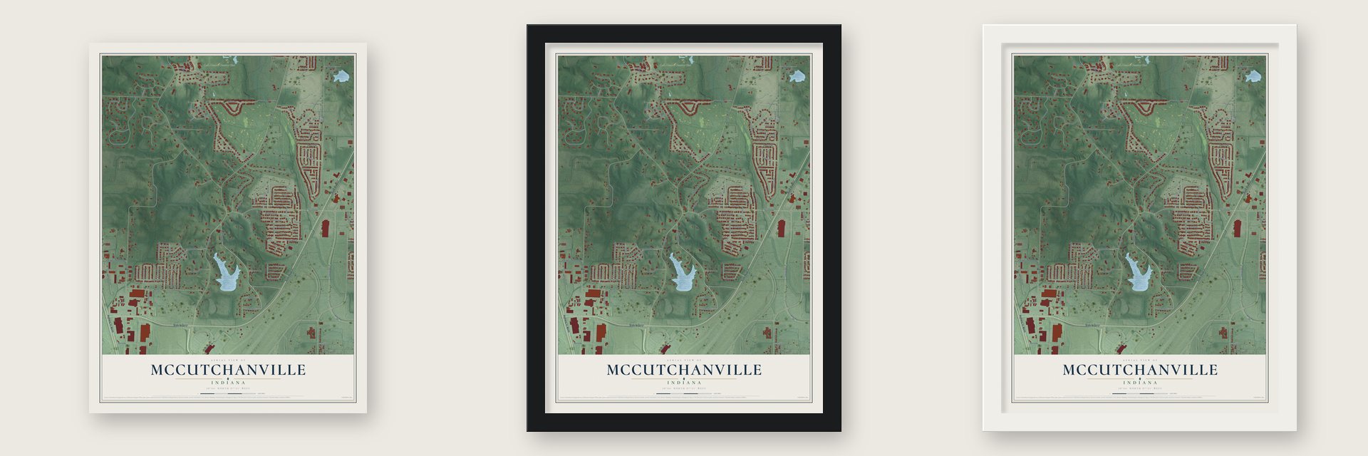McCutchanville, Indiana map unframed, in a black wood frame and in a white wood frame