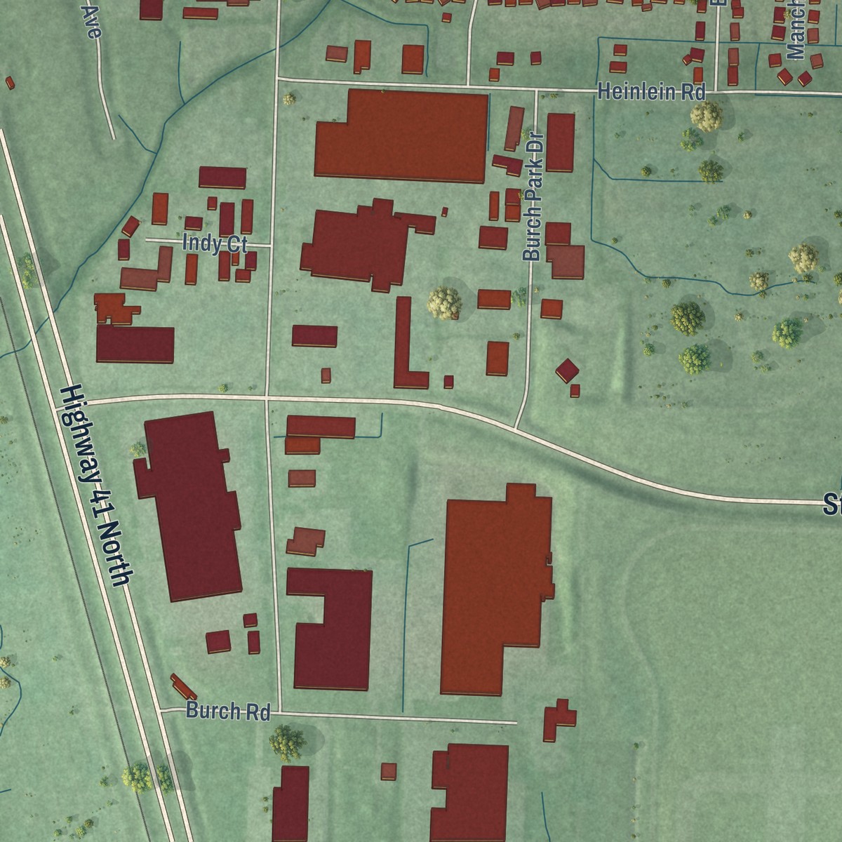 Second close-up of the map of McCutchanville, Indiana print showing more streets and buildings