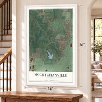 McCutchanville, Indiana map, 24 x 36 inch print in a white frame by a staircase