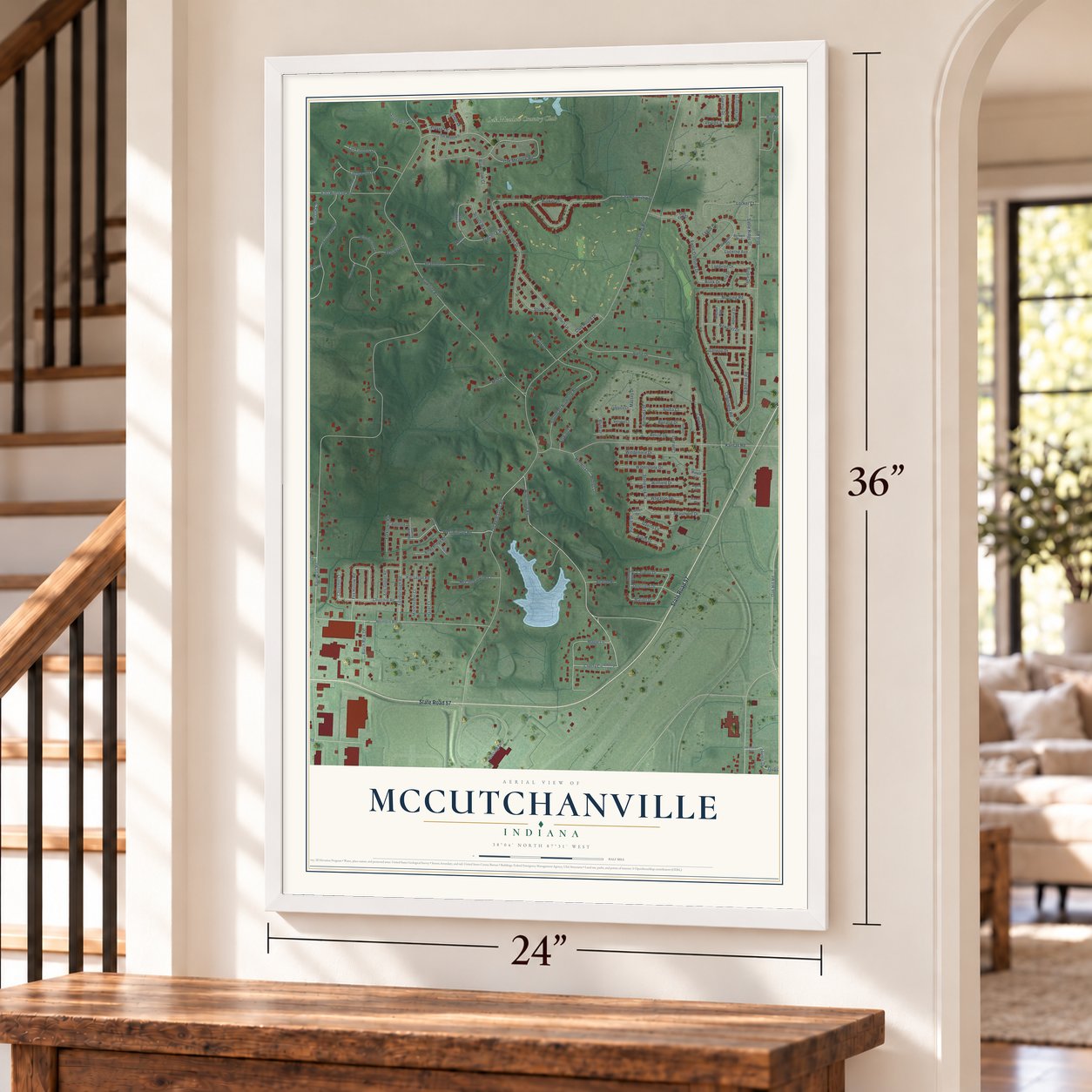 McCutchanville, Indiana map, 24 x 36 inch print in a white frame by a staircase