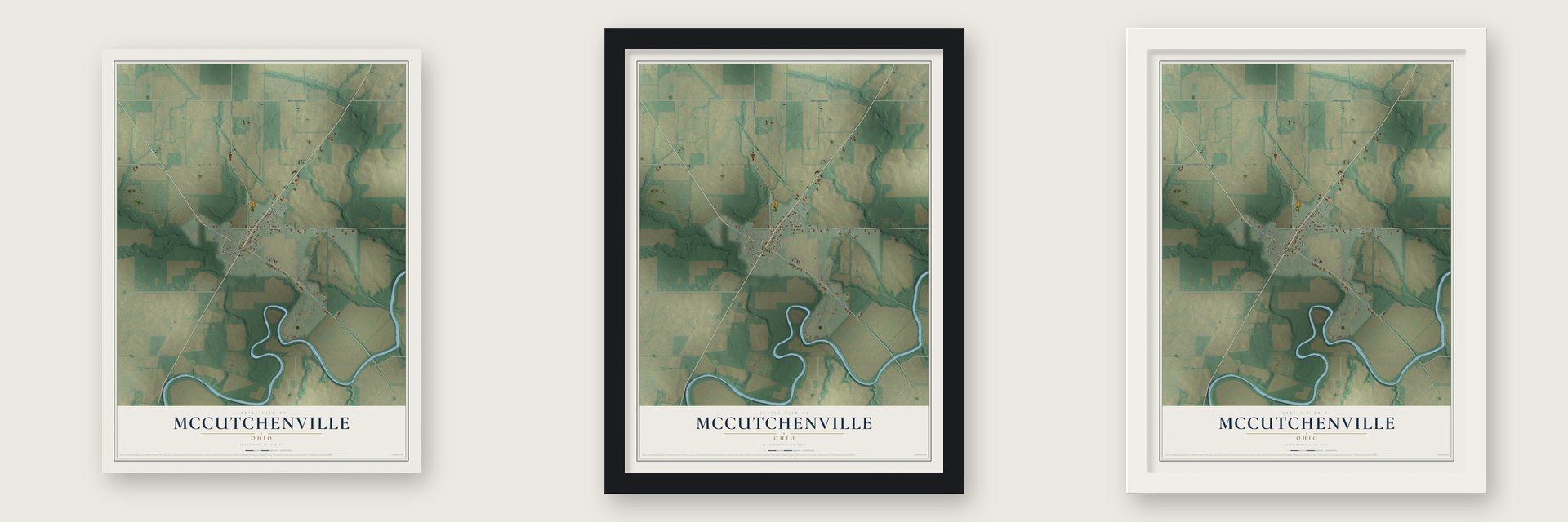 McCutchenville, Ohio map unframed, in a black wood frame and in a white wood frame