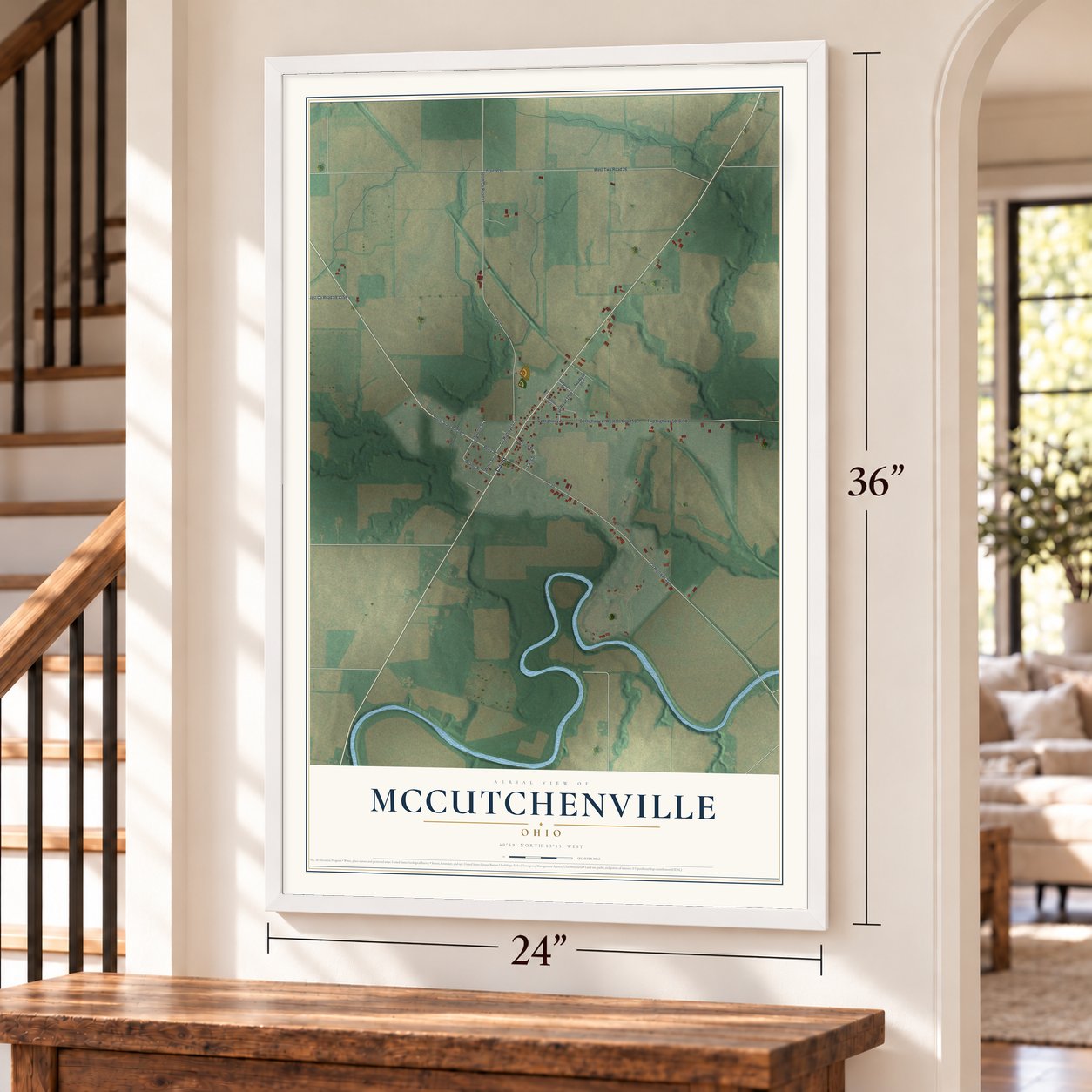 McCutchenville, Ohio map, 24 x 36 inch print in a white frame by a staircase