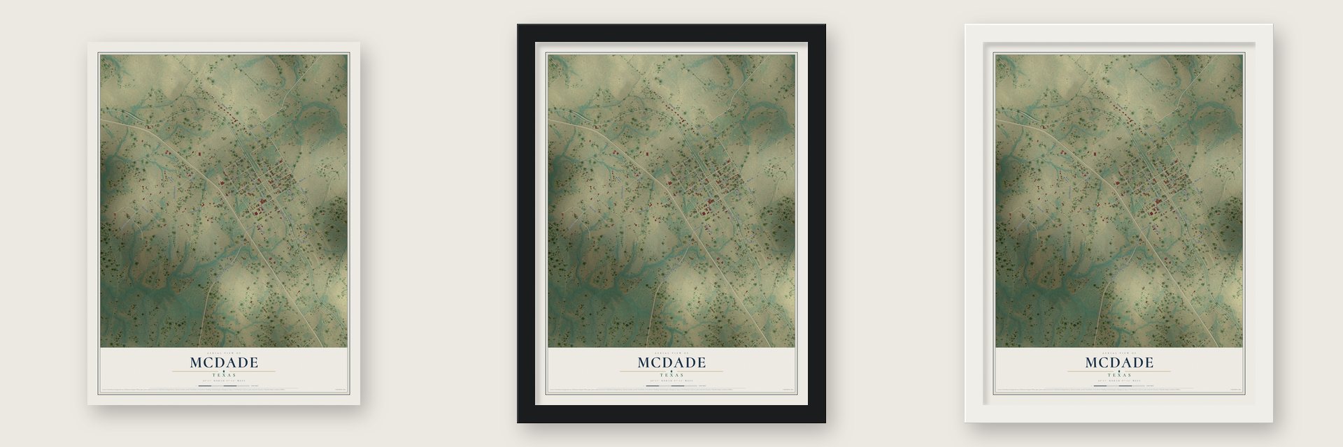 McDade, Texas map unframed, in a black wood frame and in a white wood frame