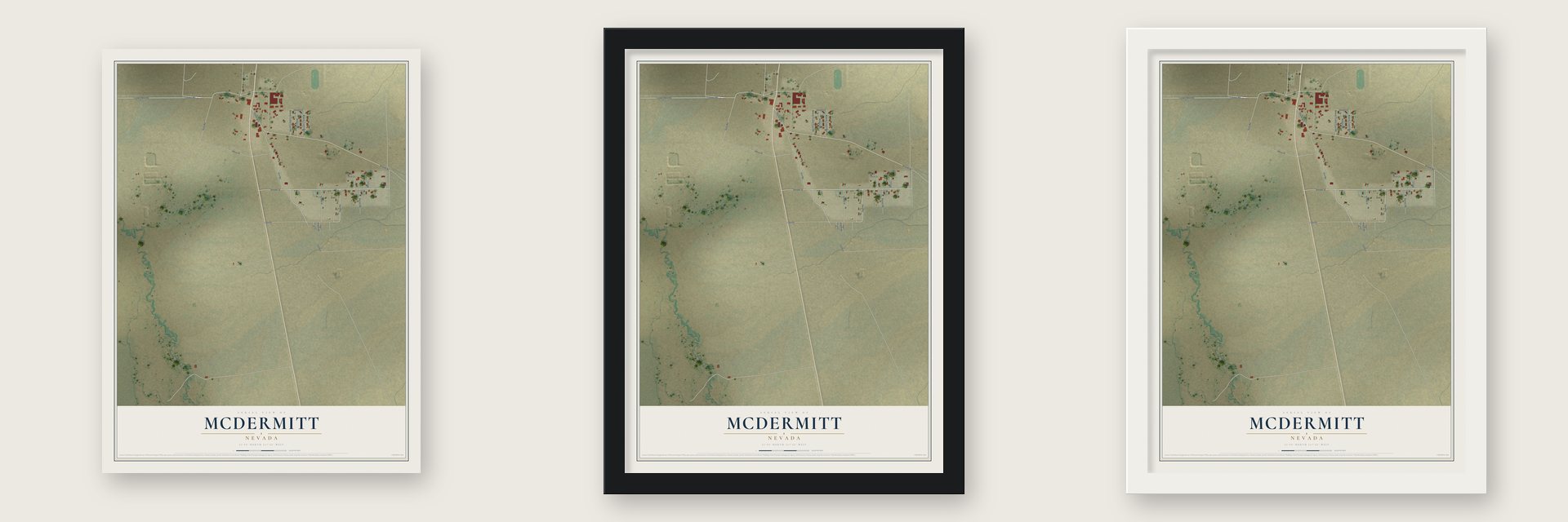 McDermitt, Nevada map unframed, in a black wood frame and in a white wood frame
