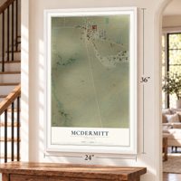 McDermitt, Nevada map, 24 x 36 inch print in a white frame by a staircase