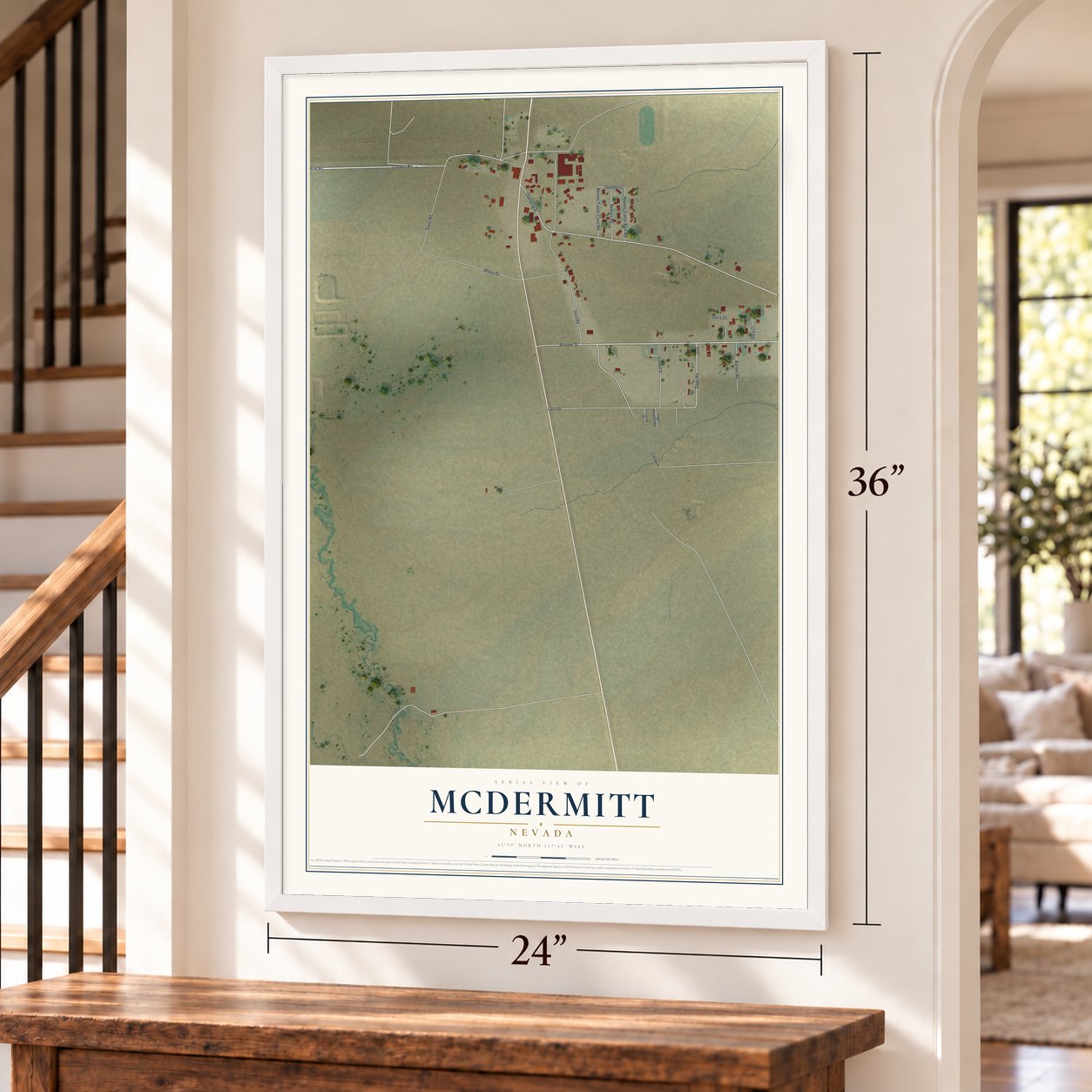 McDermitt, Nevada map, 24 x 36 inch print in a white frame by a staircase