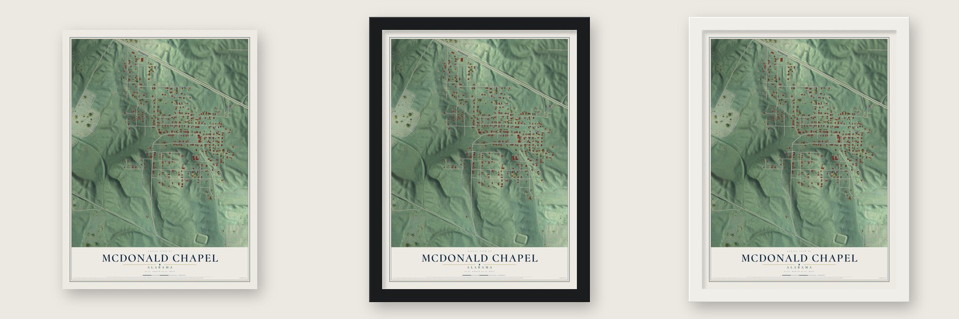 McDonald Chapel, Alabama map unframed, in a black wood frame and in a white wood frame