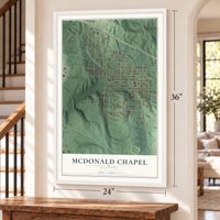 McDonald Chapel, Alabama map, 24 x 36 inch print in a white frame by a staircase