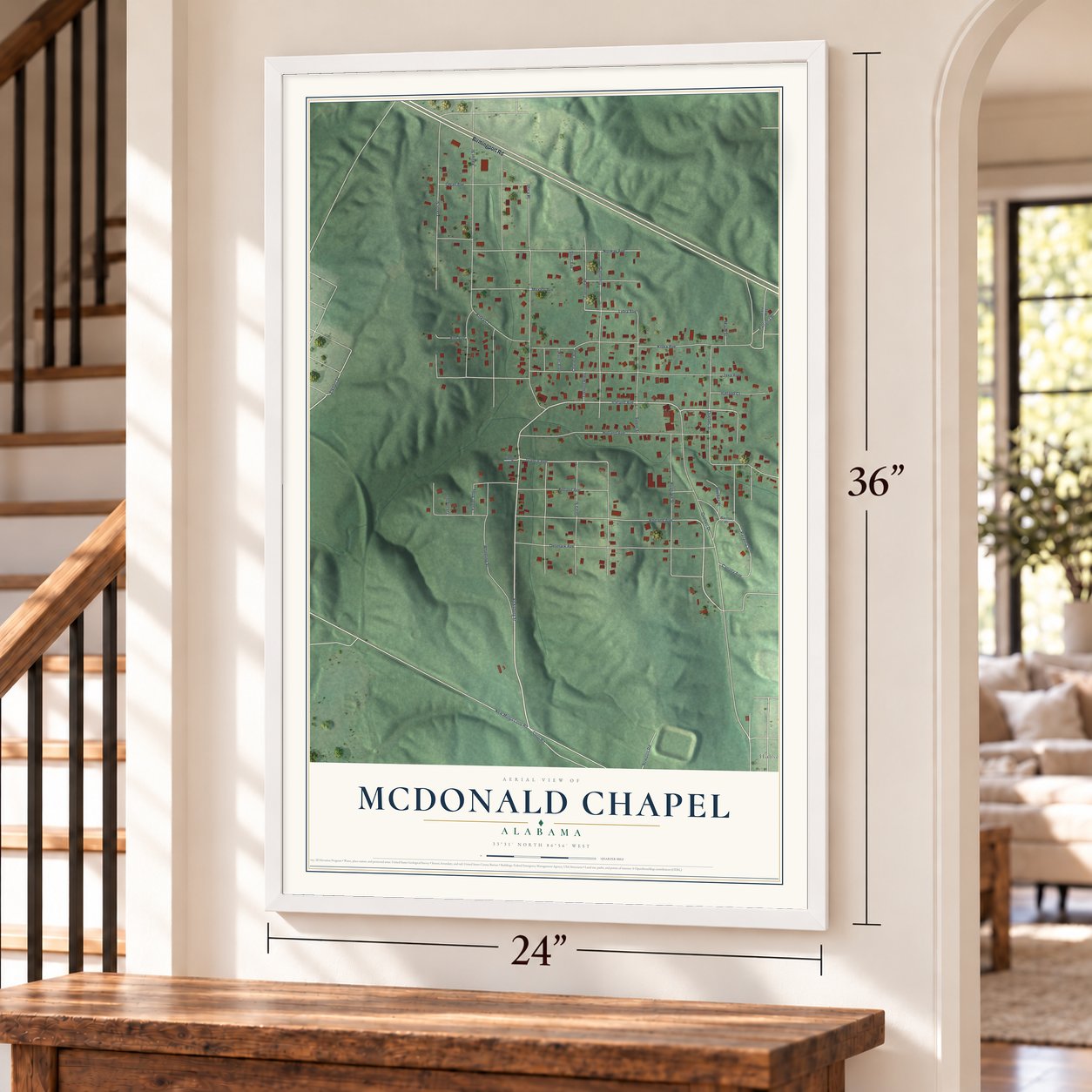 McDonald Chapel, Alabama map, 24 x 36 inch print in a white frame by a staircase