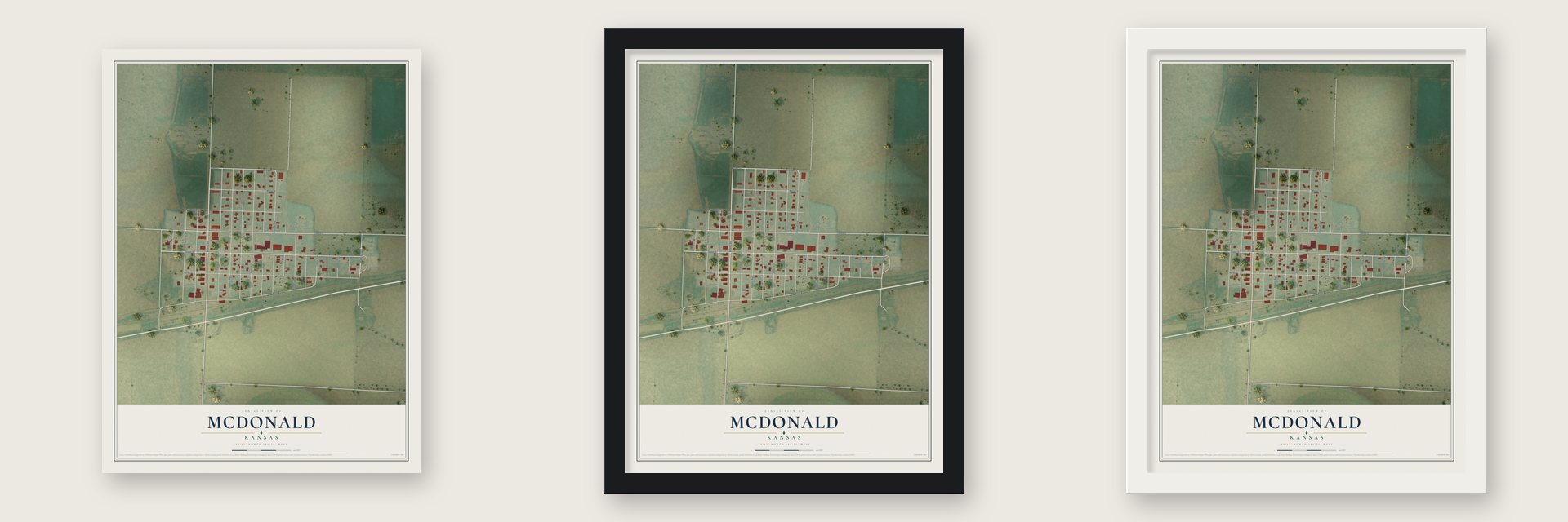 McDonald, Kansas map unframed, in a black wood frame and in a white wood frame