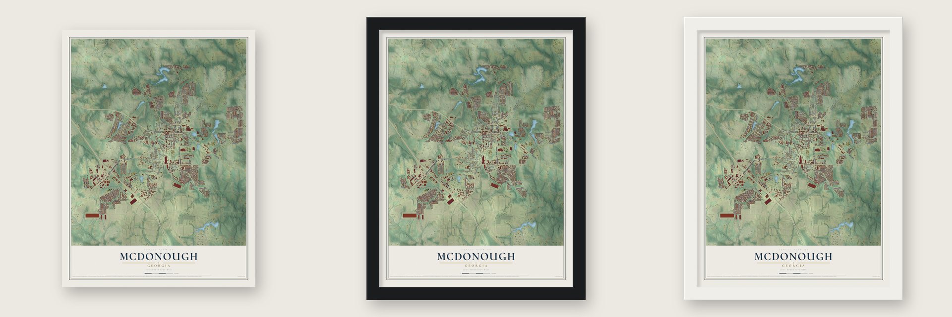 McDonough, Georgia map unframed, in a black wood frame and in a white wood frame