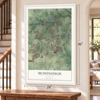McDonough, Georgia map, 24 x 36 inch print in a white frame by a staircase