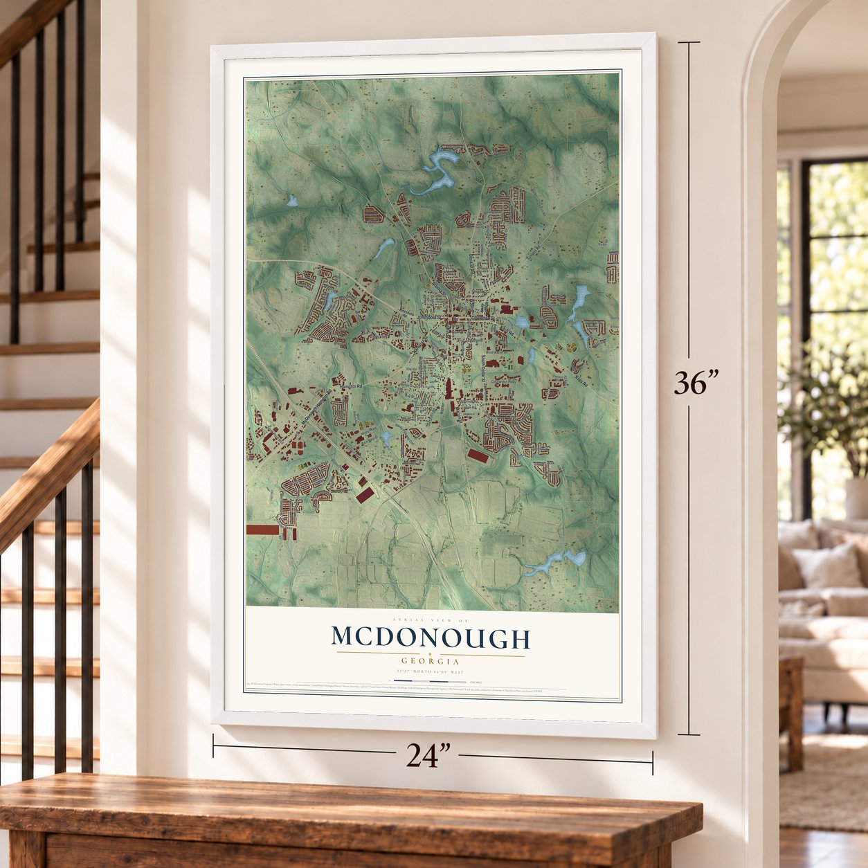 McDonough, Georgia map, 24 x 36 inch print in a white frame by a staircase