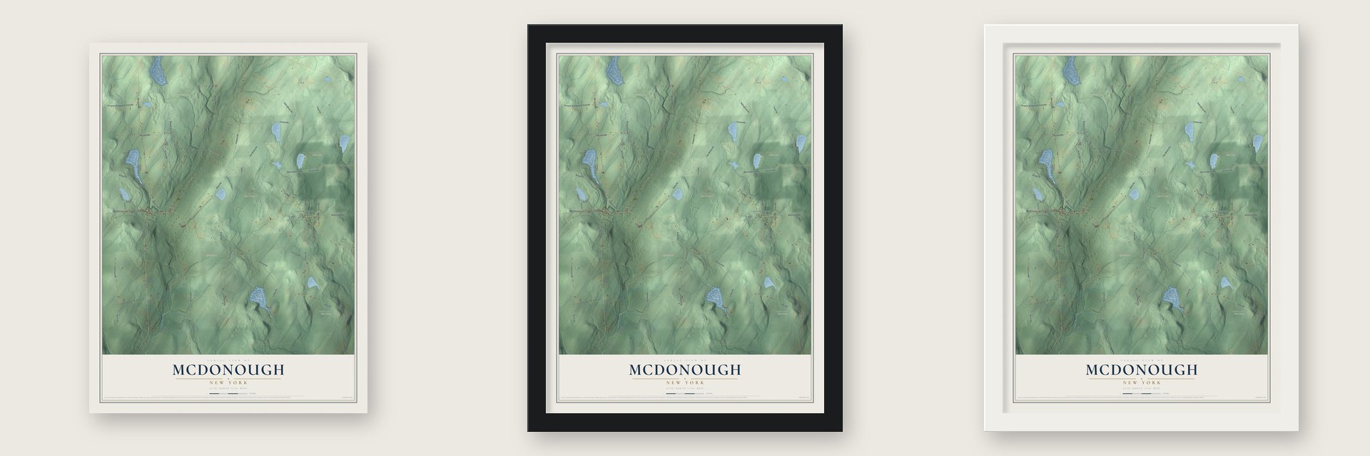McDonough, New York map unframed, in a black wood frame and in a white wood frame
