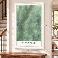 McDonough, New York map, 24 x 36 inch print in a white frame by a staircase