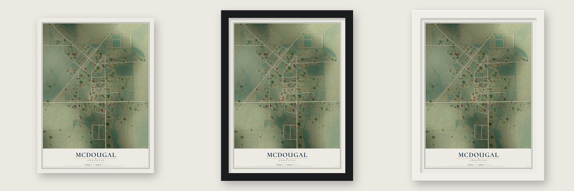 McDougal, Arkansas map unframed, in a black wood frame and in a white wood frame