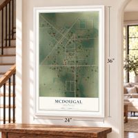 McDougal, Arkansas map, 24 x 36 inch print in a white frame by a staircase