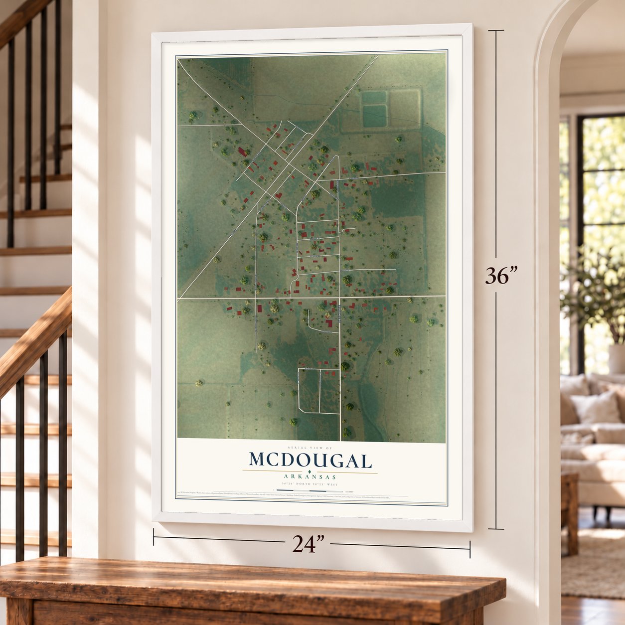 McDougal, Arkansas map, 24 x 36 inch print in a white frame by a staircase