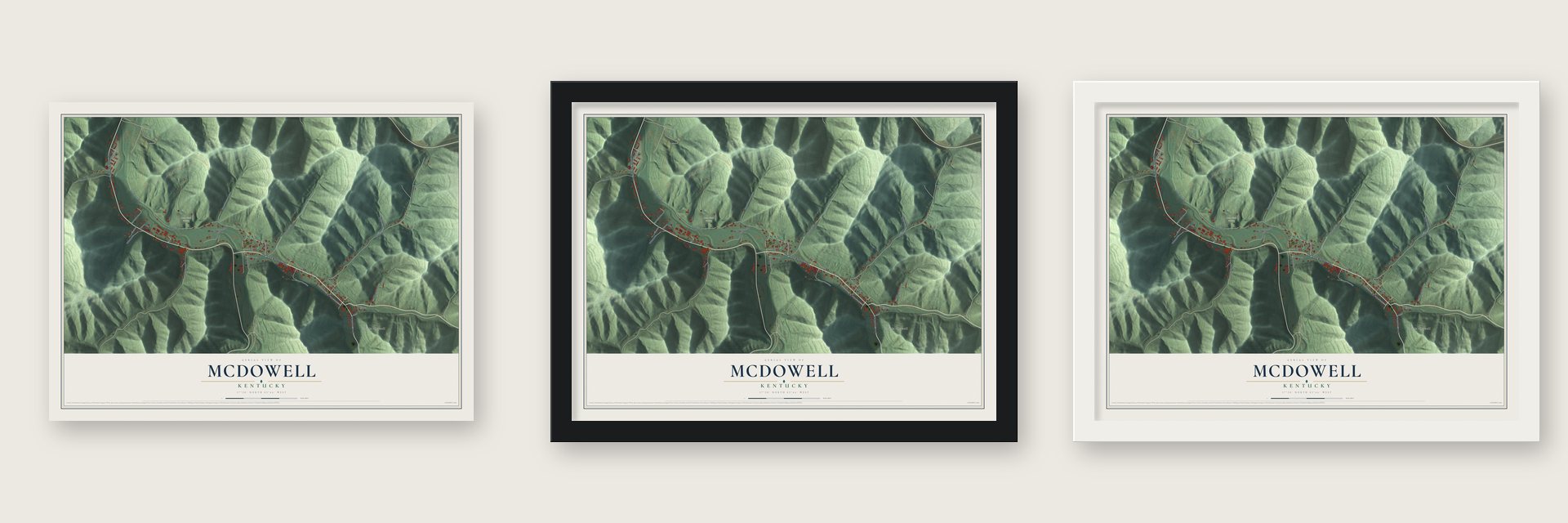 McDowell, Kentucky map unframed, in a black wood frame and in a white wood frame