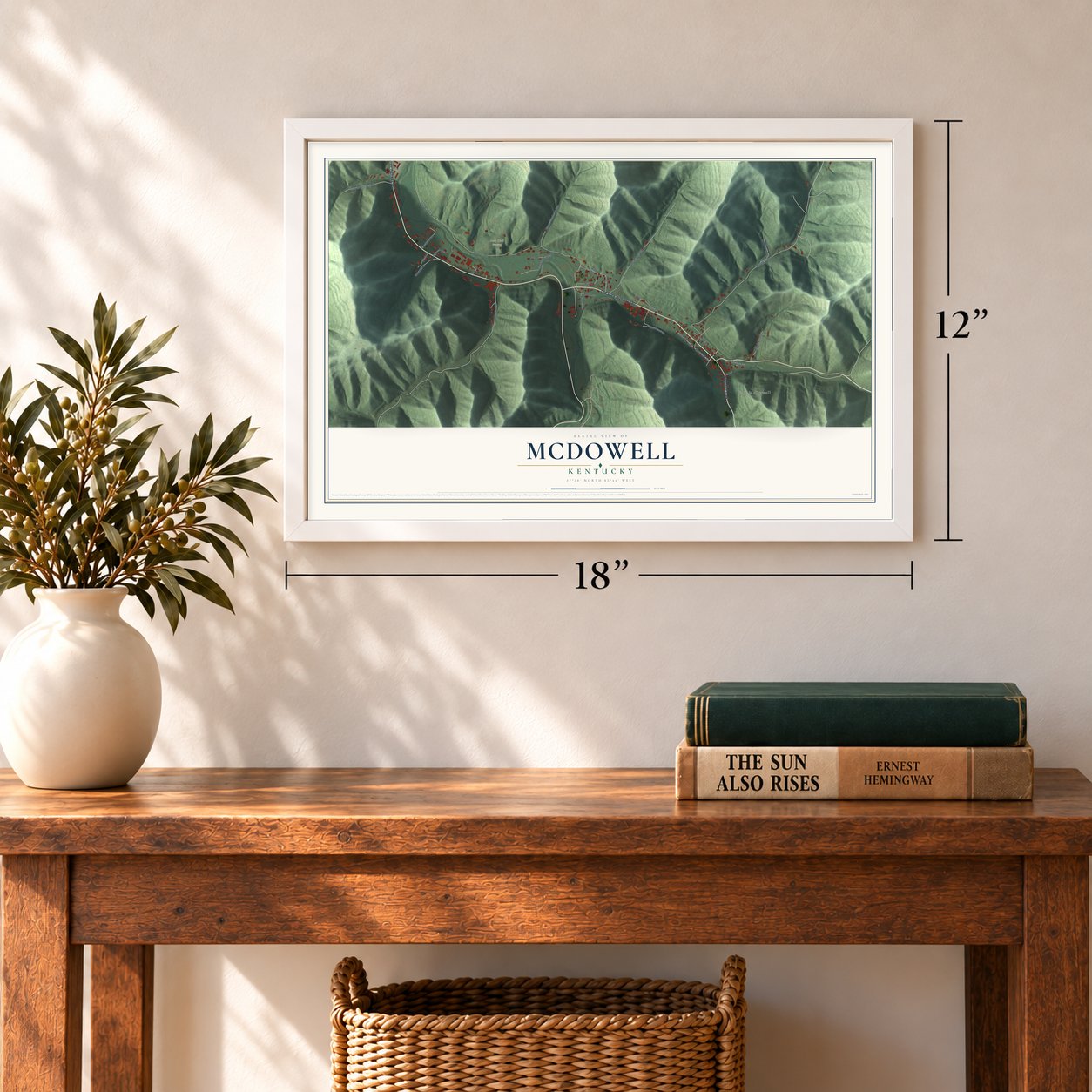 McDowell, Kentucky map, 12 x 18 inch print in a white frame in an entryway