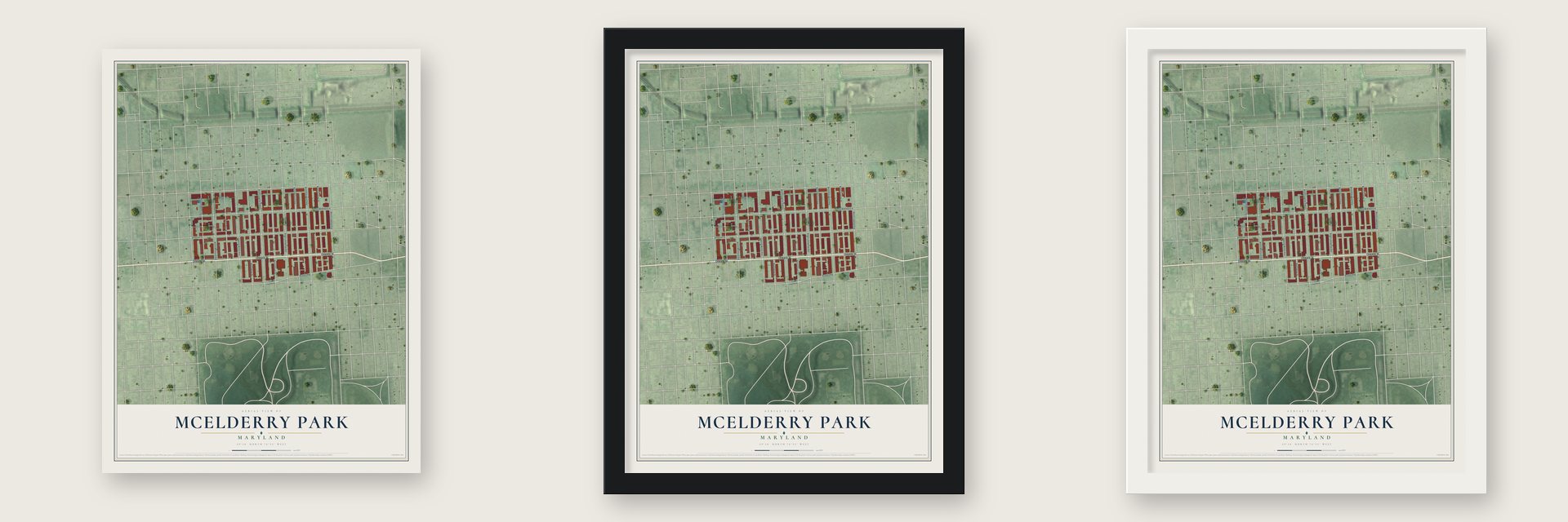 McElderry Park, Maryland map unframed, in a black wood frame and in a white wood frame