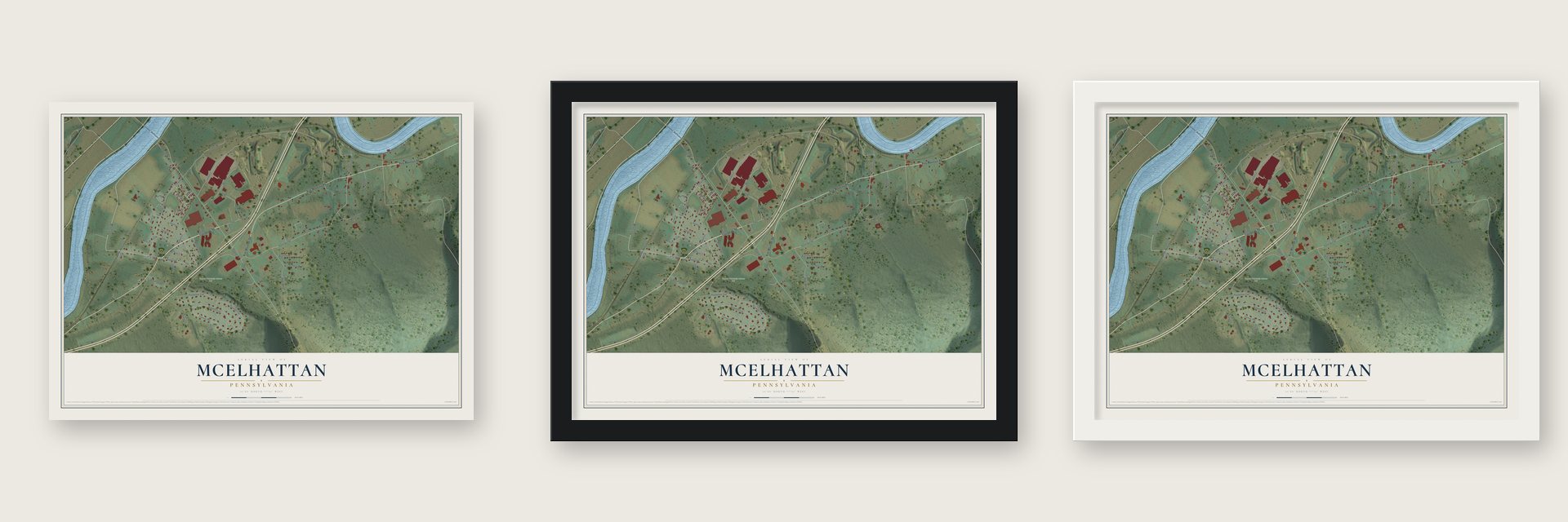McElhattan, Pennsylvania map unframed, in a black wood frame and in a white wood frame