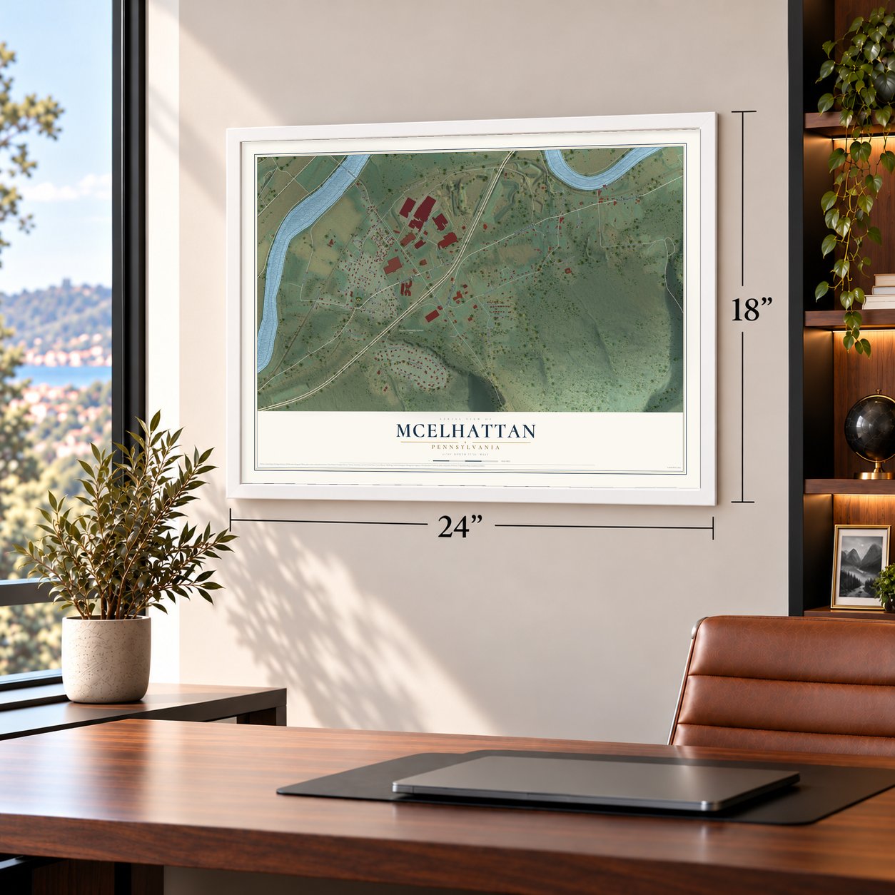 McElhattan, Pennsylvania map, 18 x 24 inch print in a white frame in a home office