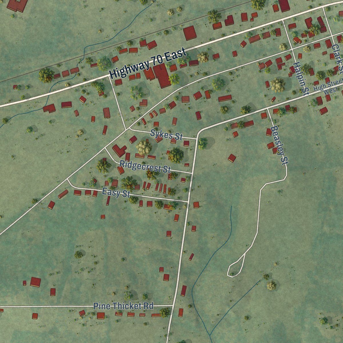 Second close-up of the map of McEwen, Tennessee print showing more streets and buildings