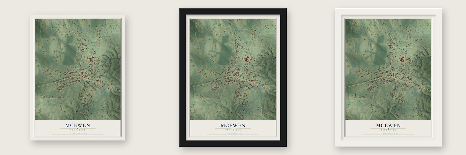 McEwen, Tennessee map unframed, in a black wood frame and in a white wood frame