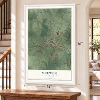 McEwen, Tennessee map, 24 x 36 inch print in a white frame by a staircase