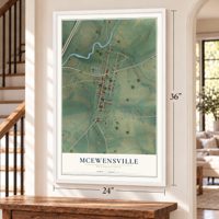 McEwensville, Pennsylvania map, 24 x 36 inch print in a white frame by a staircase