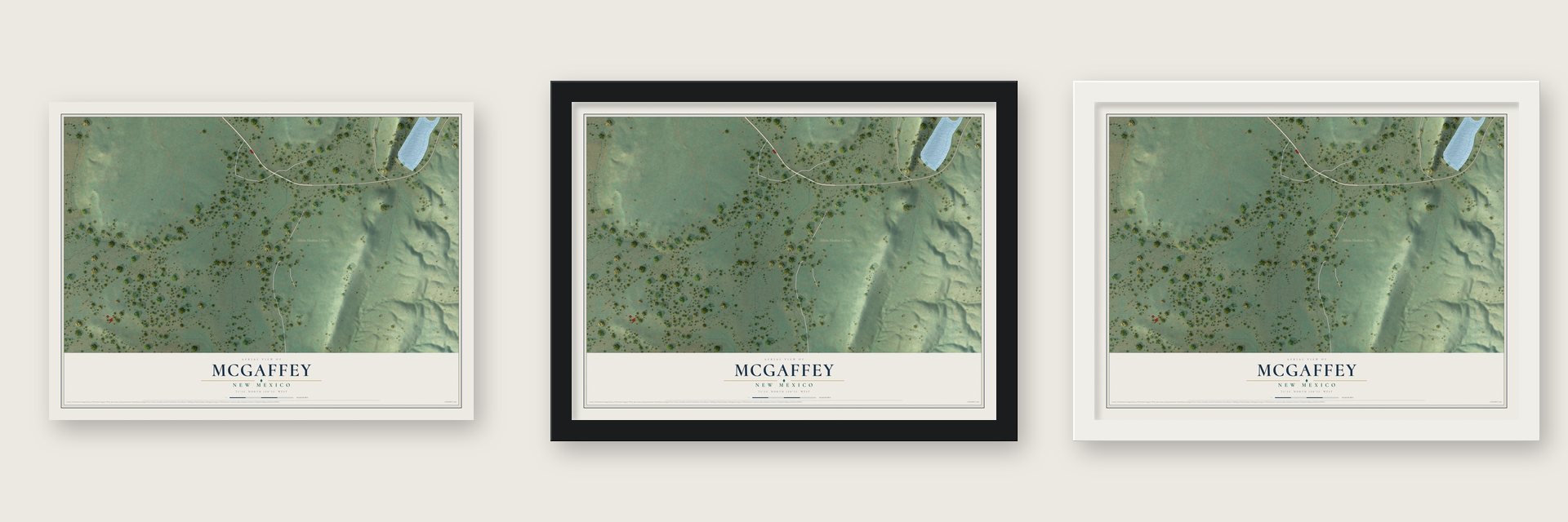 McGaffey, New Mexico map unframed, in a black wood frame and in a white wood frame