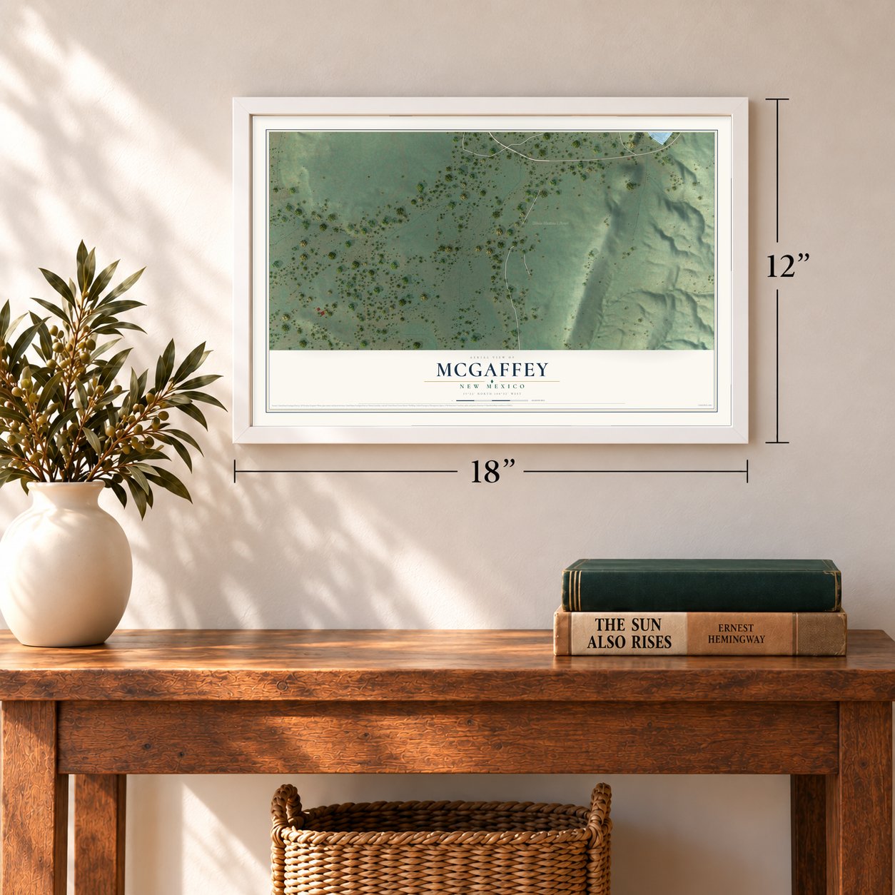 McGaffey, New Mexico map, 12 x 18 inch print in a white frame in an entryway